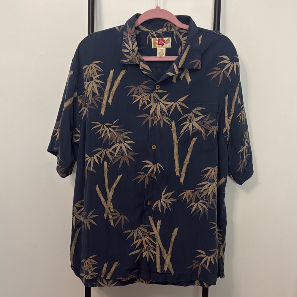 Hilo Hattie Hawaii Shirt Blue Bamboo Print Aloha Silk Button Up Men Size L